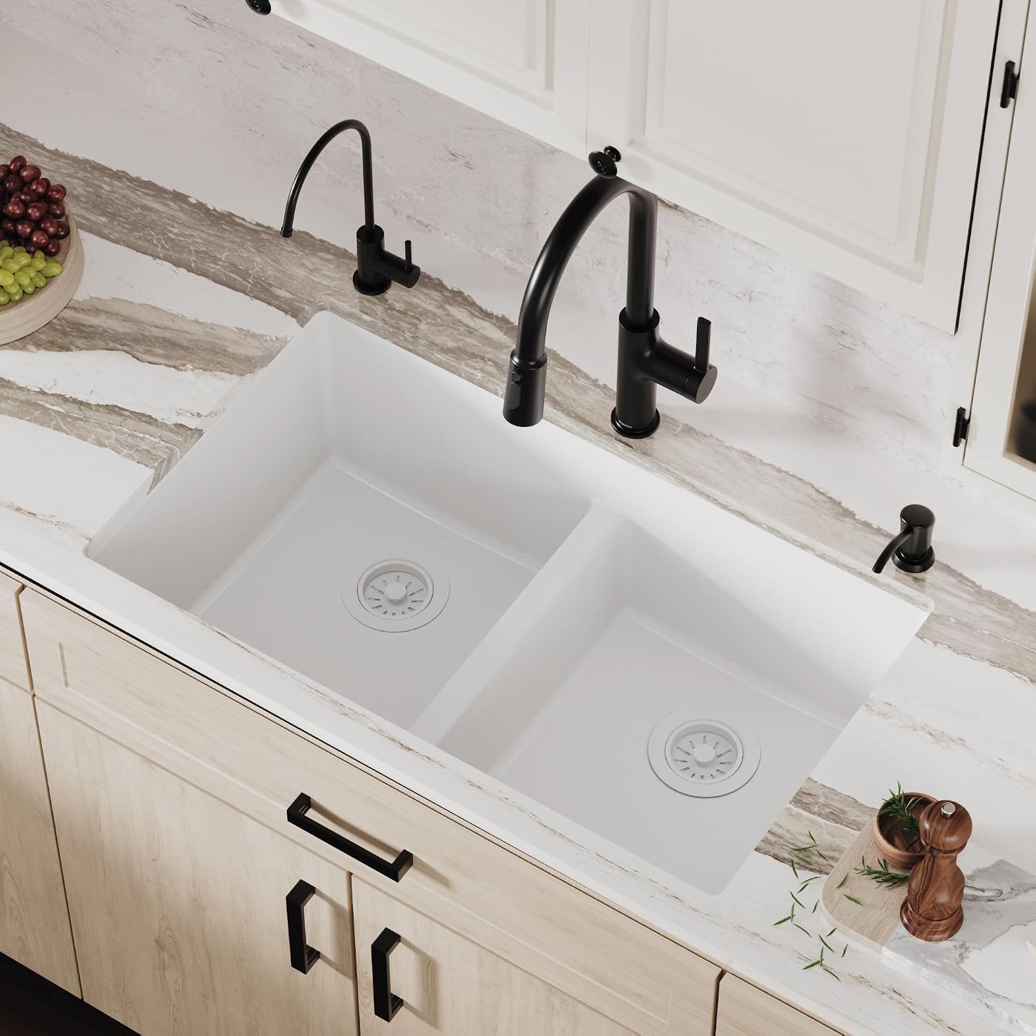 Karran 32' White Quartz Composite Undermount Double Bowl Kitchen Sink with Low Divider – 50/50 Equal Bowl, 535°F Heat Resistant, Sound Dampening, QU-810