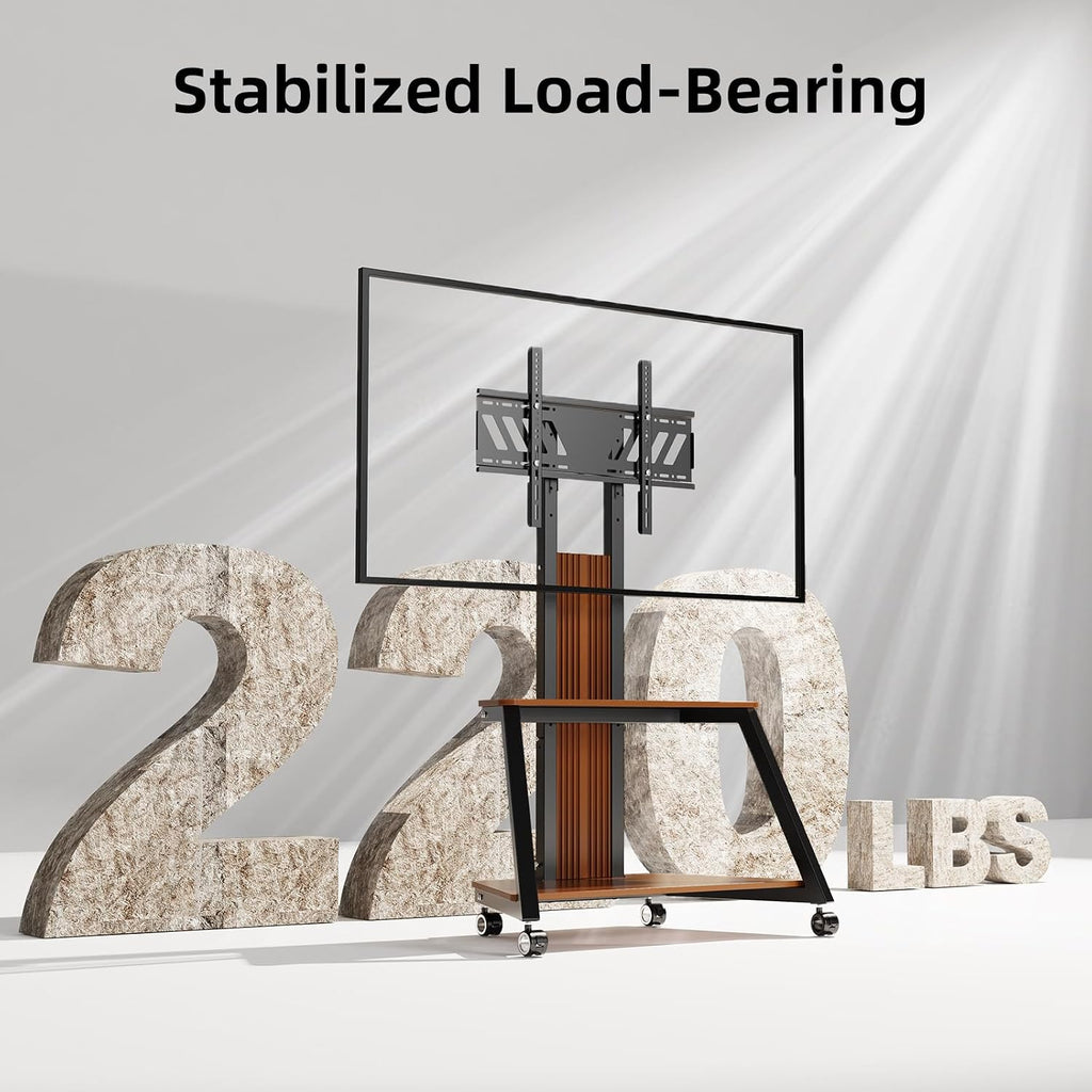 Heavy Duty Mobile TV Stand Rolling TV Cart with Wheels for 32-85 Inch Flat/Curved Led/LCD/OLED Portable Floor TV Stand with Wooden Shelves, Height Adjustable Holds up to 220lbs,Max VESA 600 x400mm
