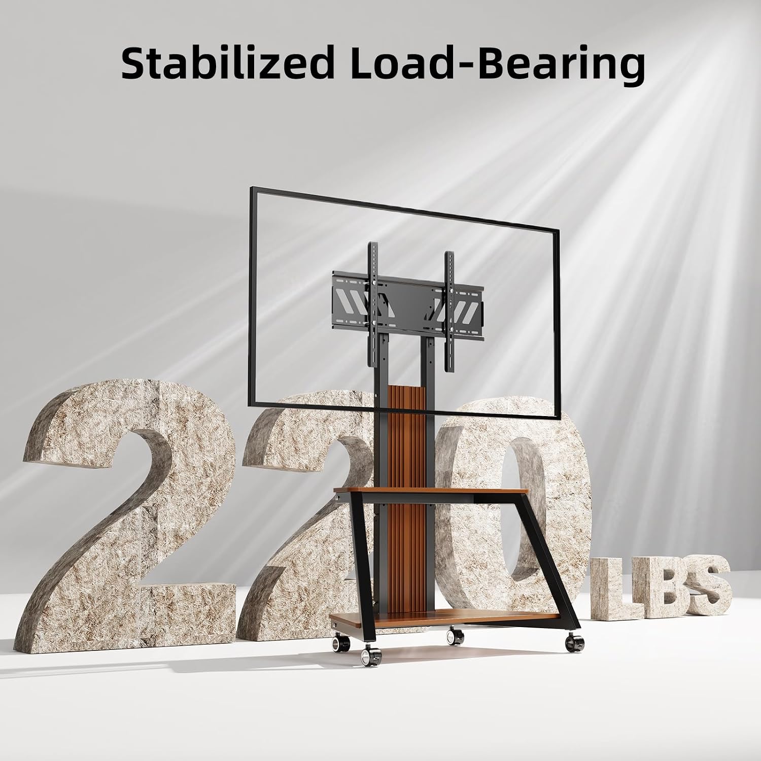 Heavy Duty Mobile TV Stand Rolling TV Cart with Wheels for 32-85 Inch Flat/Curved Led/LCD/OLED Portable Floor TV Stand with Wooden Shelves, Height Adjustable Holds up to 220lbs,Max VESA 600 x400mm