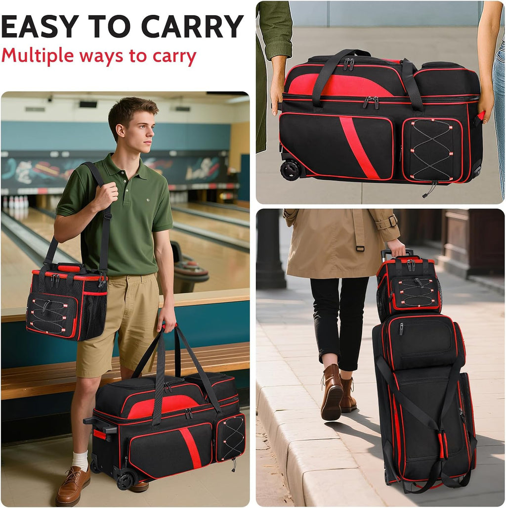 4 Ball Bowling Bag with Wheels, 3 Ball Bowling Bags Roller with 1 Ball Add On Bag, Multi-Pockets & Shoe Compartment (Fits Up to Size 16)