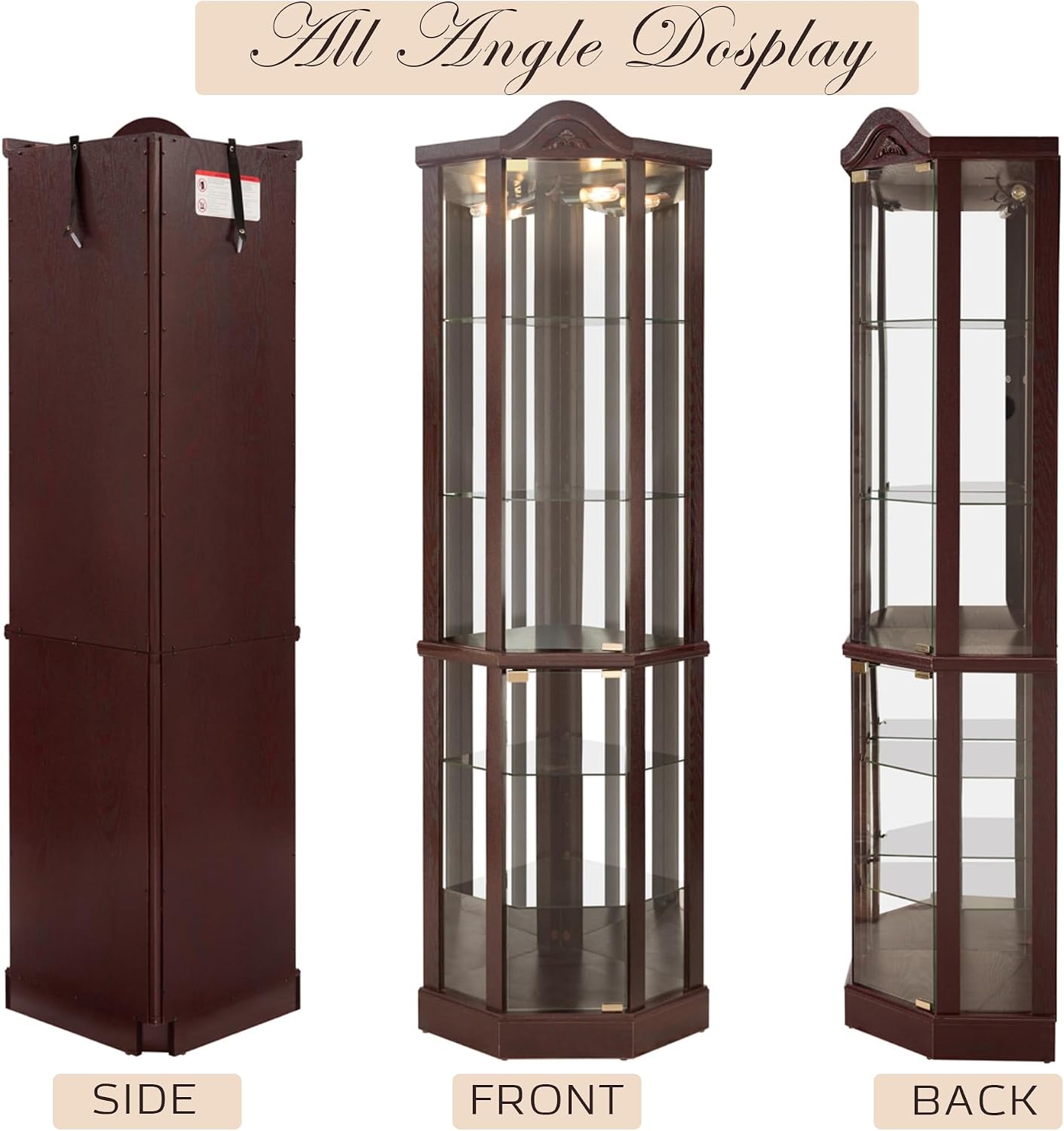 72' H Lighted Corner Display Curio Cabinet, Wooden Shelving Unit with Tempered Glass Doors, Bar and Liquor Storage Area with 6 Shelves, Rack for Living Room (Dark Cherry)
