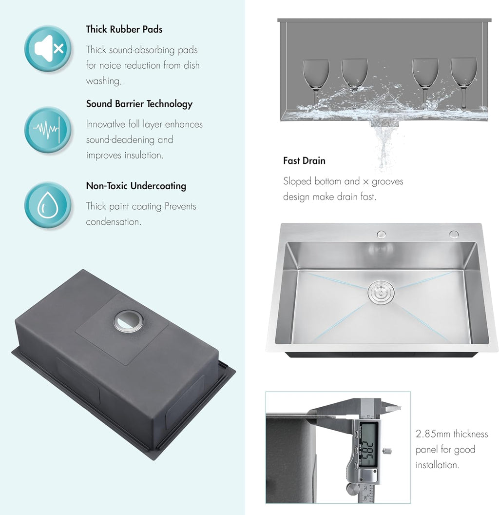 ATTOP 33 Inch Large Single Bowl Drop in Kitchen Sink,Nano Coating Stainless Steel Handmade Single Bowl Topmount Kitchen Sink