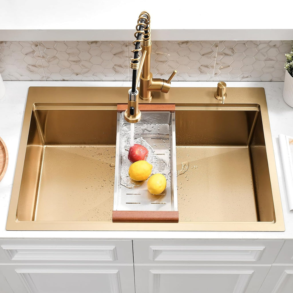 33x19 Inch Gold Drop In Kitchen Sink with Faucet - Brushed Finish Stainless Steel Single Bowl Workstation Sinks, Includes Accessories Set, Easy to Install for Home & Restaurant