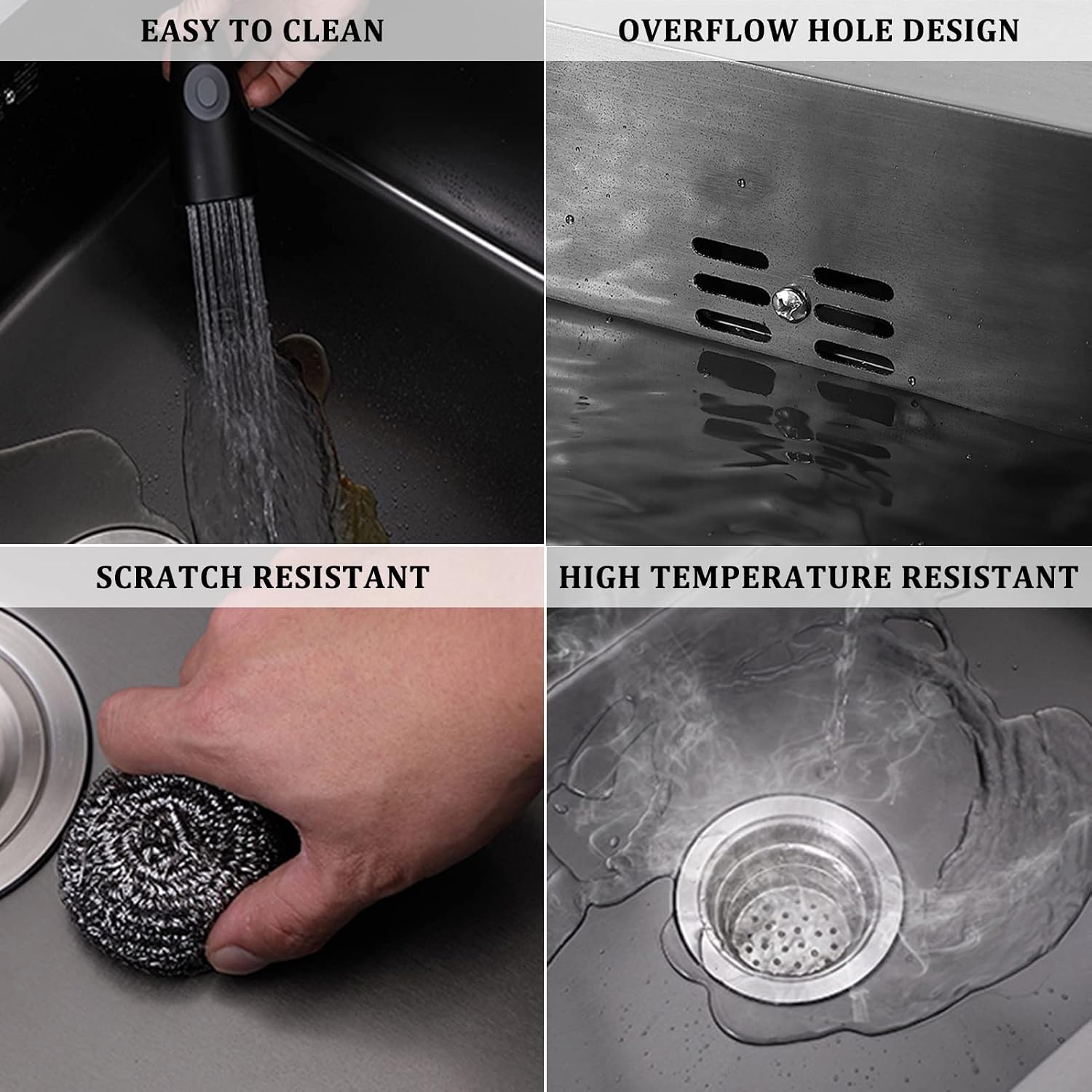 Black Single Bowl Kitchen Sink 304 Stainless Steel Bar Sink Household Handmade RV Sink with Pull-Out Faucet and Drainage Kit Top Mount Or Undermount (Color : Black, Size : 68x45x22cm) (Black 72x4