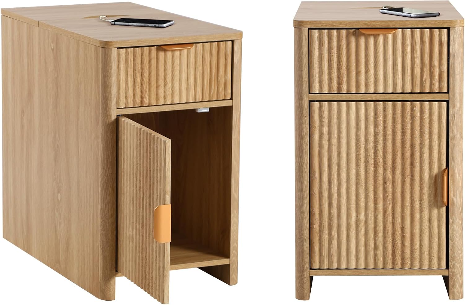 Fluted Narrow End Table with Charging Station, Boho Side Table with Drawer Storage, Small Night Stand with Power Outlets and USB Ports, Sofa Side Table for Living Room, Natural