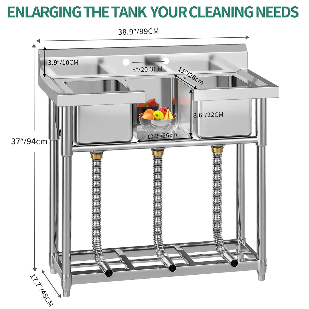 YITAHOME Freestanding Commercial 3 Bay Kitchen Under bar Sink NSF Stainless Steel 3 Compartment Bowl Outdoor Sink with Storage Shelve, Backsplash for Restaurant, Food Truck & Home (39'x 18'x 37')