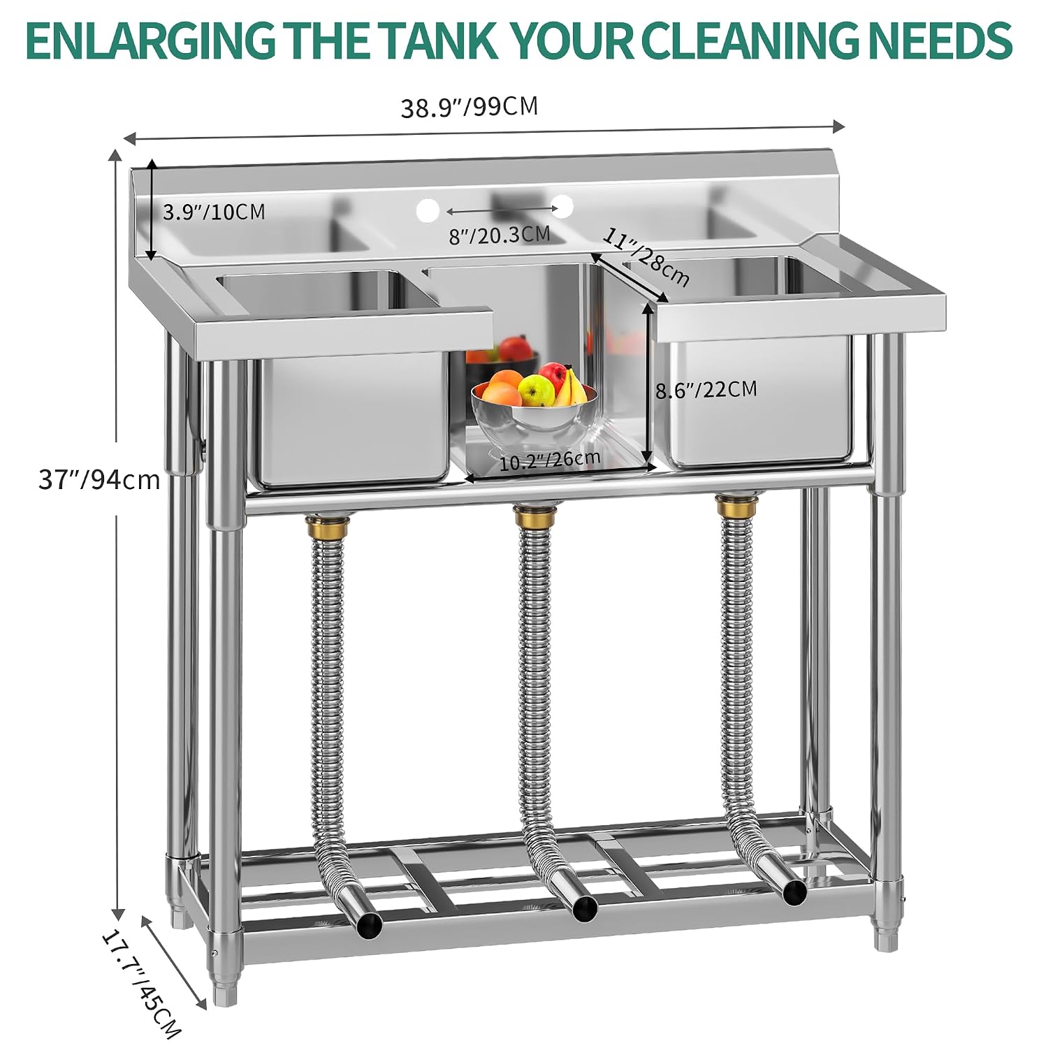 YITAHOME Freestanding Commercial 3 Bay Kitchen Under bar Sink NSF Stainless Steel 3 Compartment Bowl Outdoor Sink with Storage Shelve, Backsplash for Restaurant, Food Truck & Home (39'x 18'x 37')