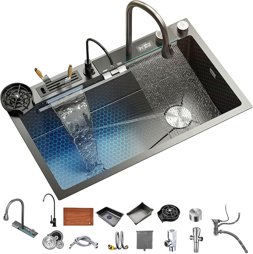 Kitchen Sink 304 Stainless Steel Undermount Sink Drop in Single Bowl Kitchen Sinks, With Pull Down Sprayhead Faucet, With Pressurized Cup Washer and Two Waterfalls (31.5 x 18.1 inch)