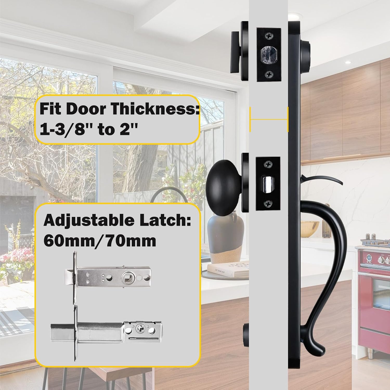 Double Door Handle Set for Front Door, Matte Black Keyed&Dummy Exterior Door Lockset with Deadbolt, Reversible for Right&Left Handed