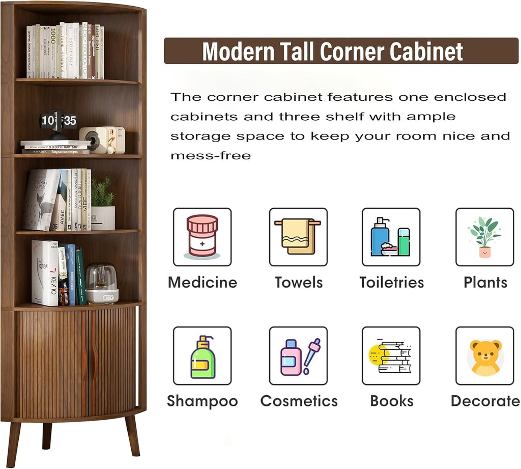 Corner Cabinet, 66.73'' Tall Modern Corner Bathroom Storage Cabinet with 2 Fluted Doors and Shelves, Home Space Saver for Kitchen, Living Room, Study Room(Walnut, 66.73''H)
