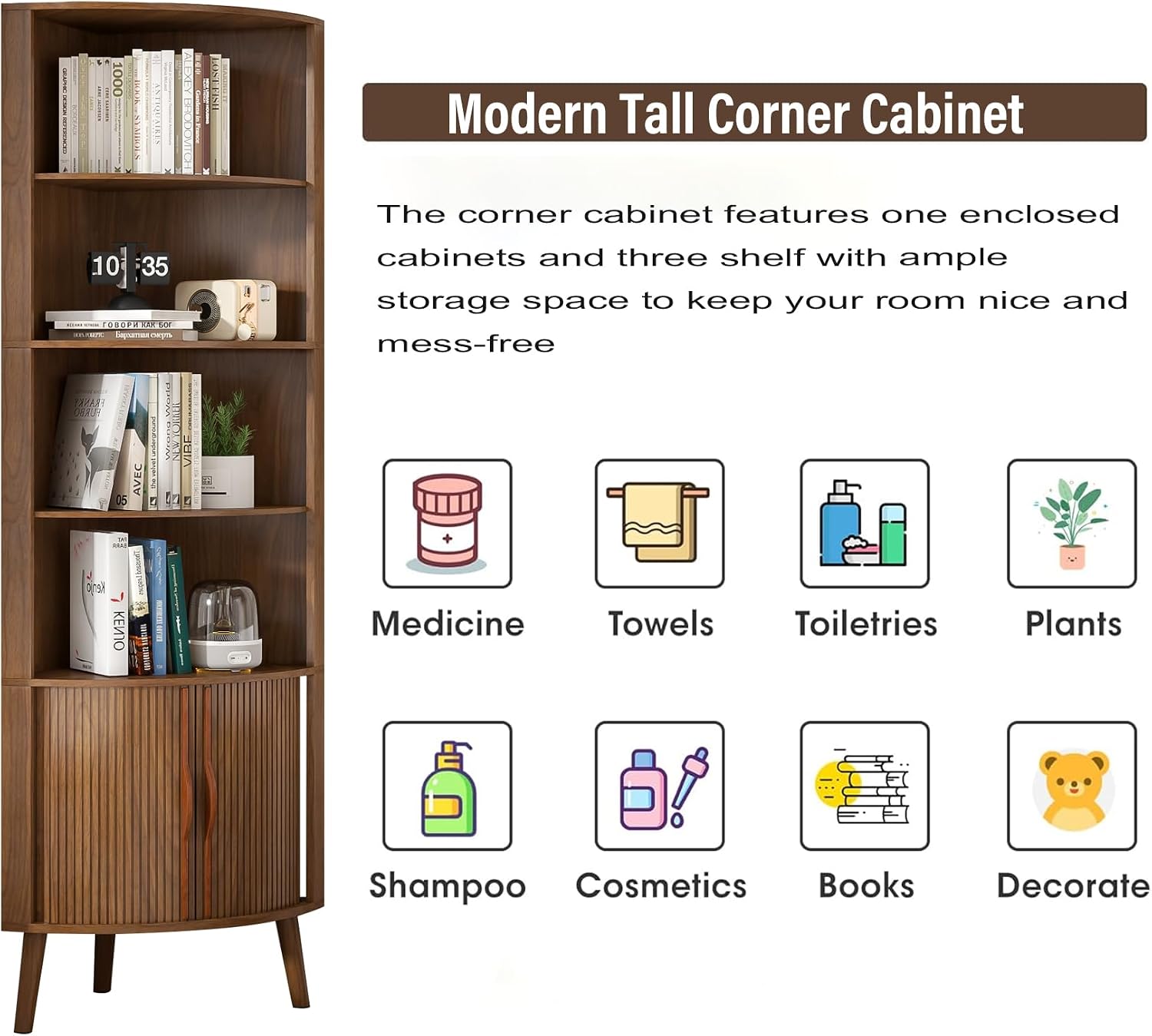 Corner Cabinet, 66.73'' Tall Modern Corner Bathroom Storage Cabinet with 2 Fluted Doors and Shelves, Home Space Saver for Kitchen, Living Room, Study Room(Walnut, 66.73''H)