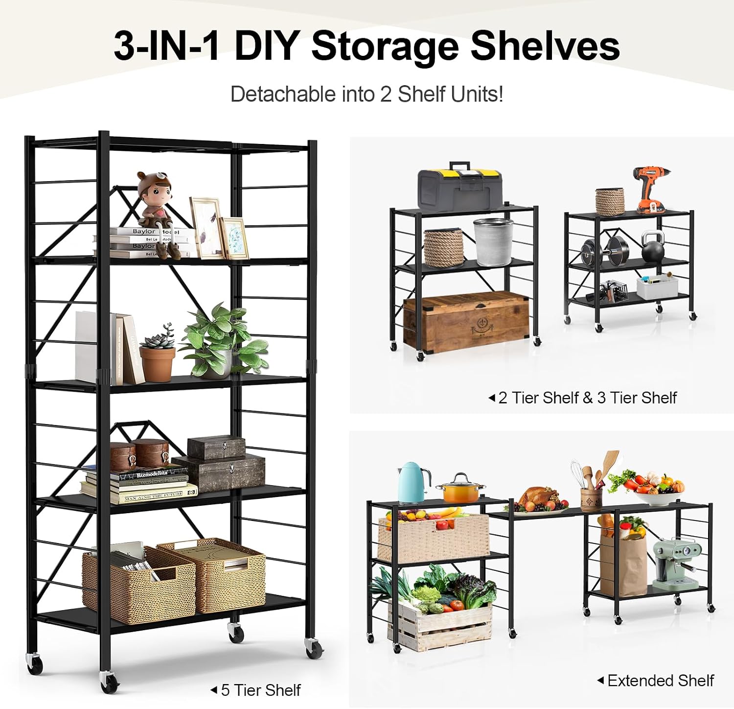 5 Tier Foldable Storage Shelves, Expandable Folding Shelving Units with Wheels, Changeable into 2 Shelf Units, Collapsible Adjustable Storage Rack Metal Shelves for Storage, Pantry, Garage, Kitchen