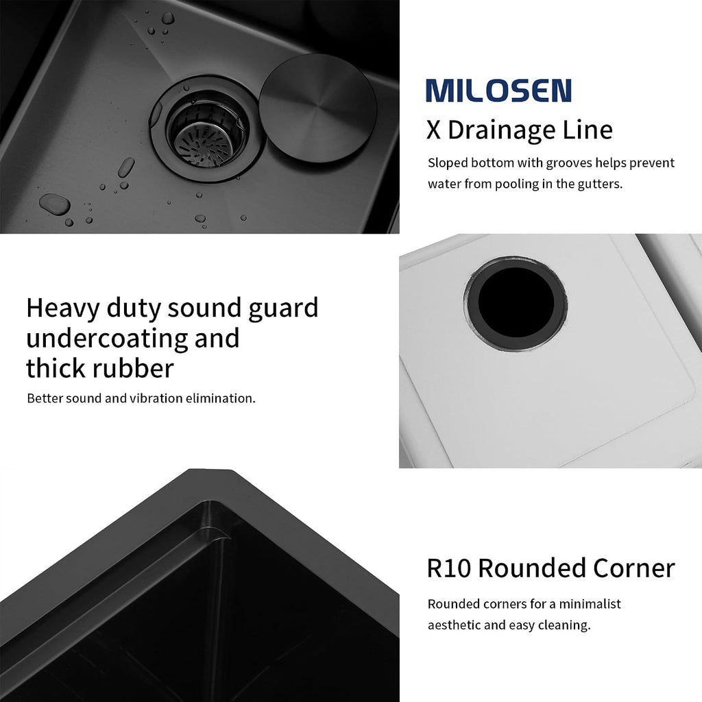 MILOSEN Black Double Bowl Kitchen Sink, 30x18 Inch T304 Stainless Steel Undermount Workstation Sink, 50/50 Double Bowl 10 Inch Deep Handmade Kitchen Sinks, Undermount Black Sinks with Accessories