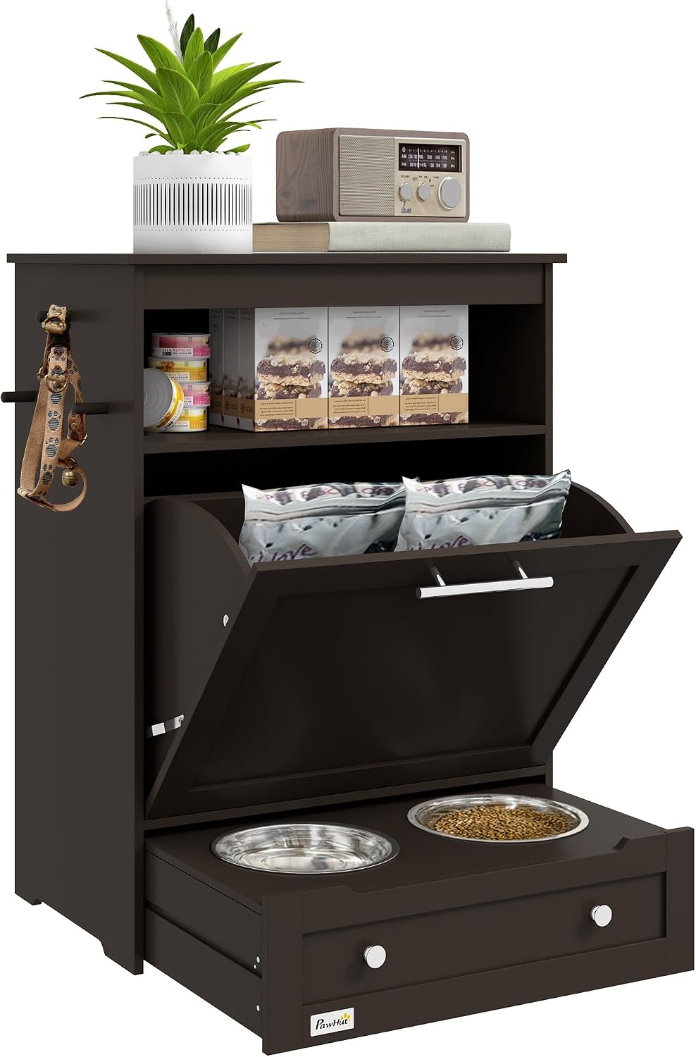 PawHut Dog Feeding Station with Raised Bowls, Dog Food Storage Cabinet with Hanger for Feeding & Watering Supplies, Pet Feeder Station, Brown