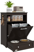 PawHut Dog Feeding Station with Raised Bowls, Dog Food Storage Cabinet with Hanger for Feeding & Watering Supplies, Pet Feeder Station, Brown