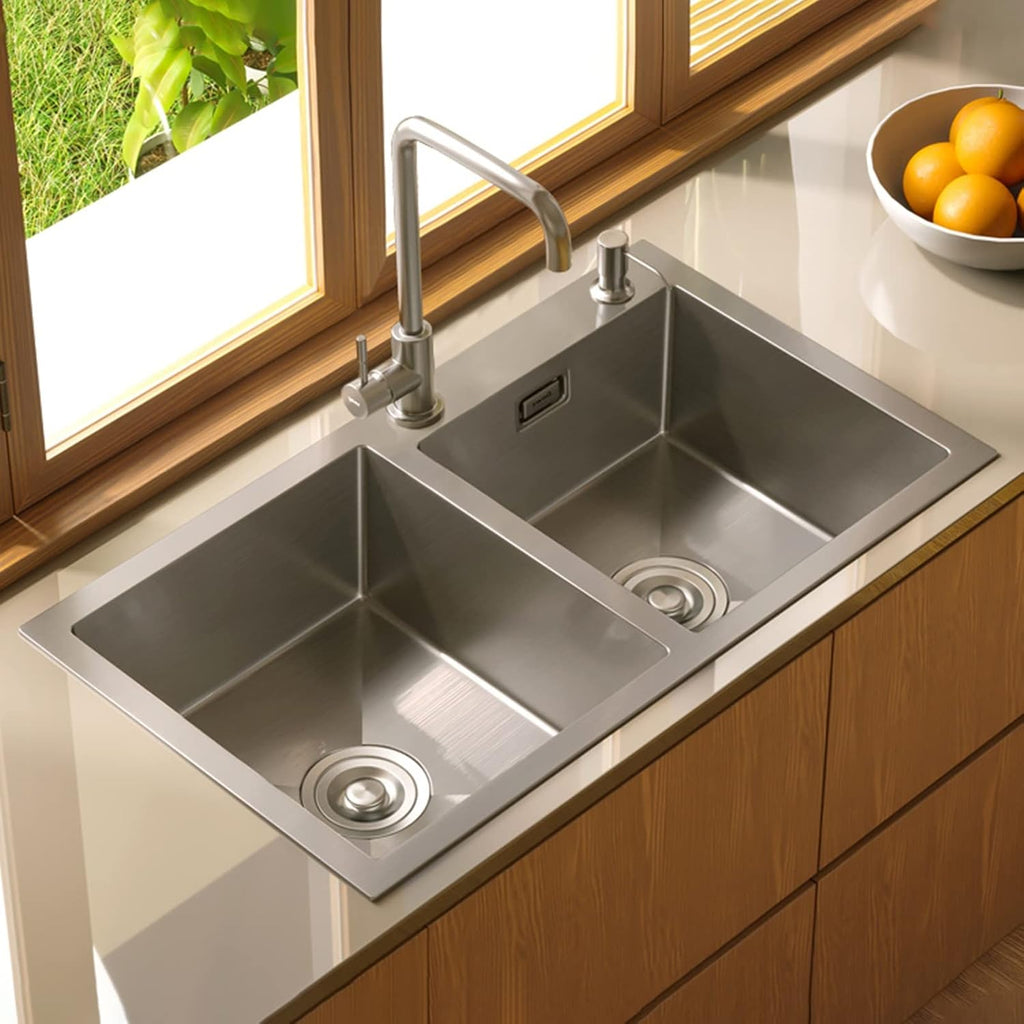 304 Stainless Steel Kitchen Sink Silver Double Bowl Bar Prep Sink RV Sink with Drain Pipe and Installation Kit Drop in Or Undermount (Color : NO Faucet, Size : 72x40x21cm) (Ahave Faucet 78x43x21c