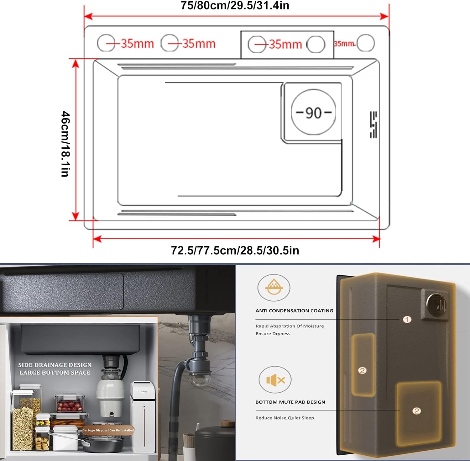 Stainless Steel Kitchen Sink Digital Display Single Bowl Bar Sink Multi-Functional Nano RV Sink with Faucet and Drainage Components (Color : Black, Size : 75x46x22cm) (Black 80x46x22cm)