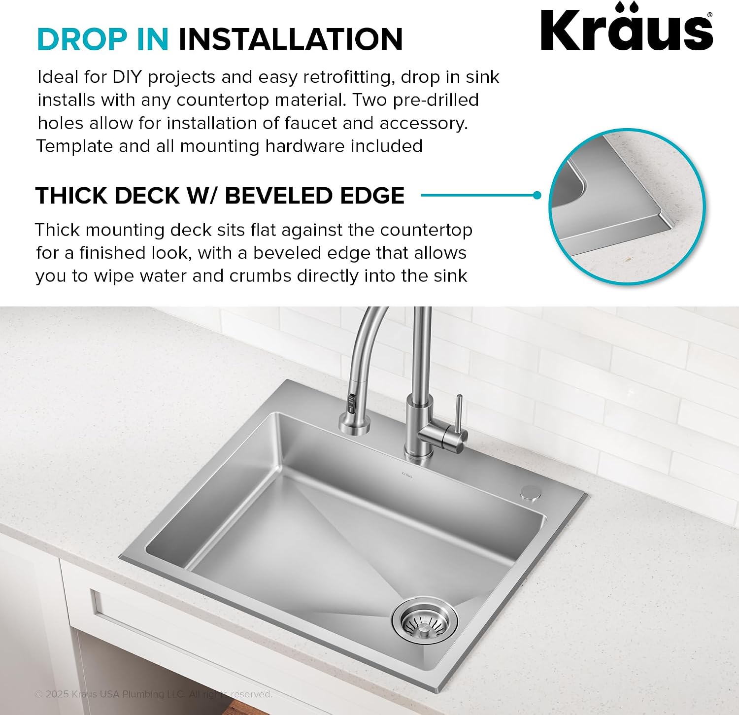 KRAUS Fairlane 25-inch ADA Compliant Drop In/Top Mount Single Bowl 18-Gauge Stainless Steel Kitchen Sink, KHT641-25-5.5