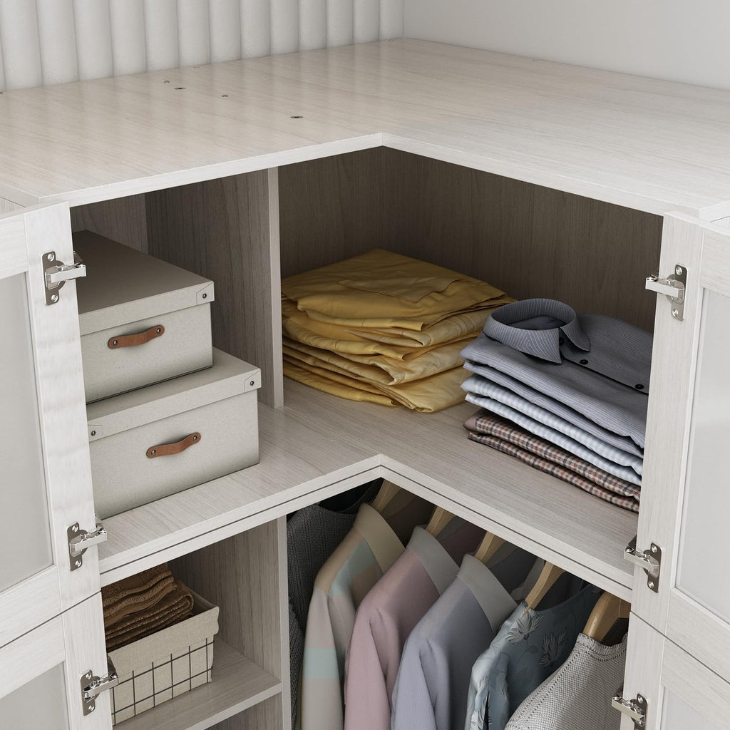MOUMON Tall Corner Wardrobe, L-Shaped Modern Bedroom Armoires with Frosted Glass Doors and Hanging Rod, Corner Armoire Closet for Clothes Storage, Wood Grain 35.4' W x 35.4' D x 86.6' H