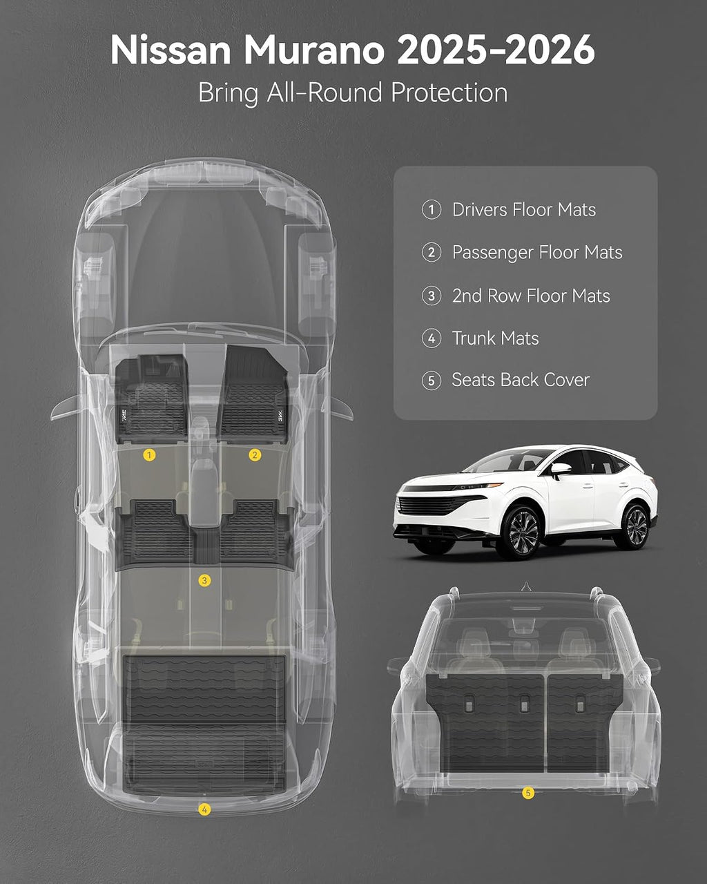 3W Floor Mats & Cargo Liner & Seatback Mats Fit Nissan Murano 2025 2026, Custom Fit All Weather TPE Full Set for Murano, 1st & 2nd Row Floor Mats with Trunk Mats and Seatback Mats, Black