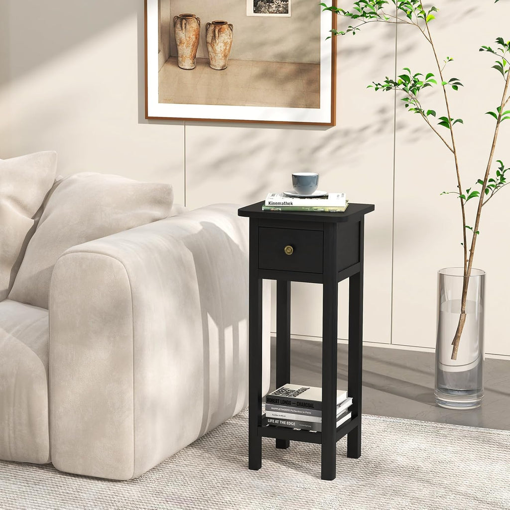 GOFLAME Narrow Side Table Set of 2, Small End Table with Drawer & Shelf, Farmhouse Acacia Wood Tall Sofa Side Table, Slim Nightstand Bedside Table for Small Space Living Room, No Assembly, Black