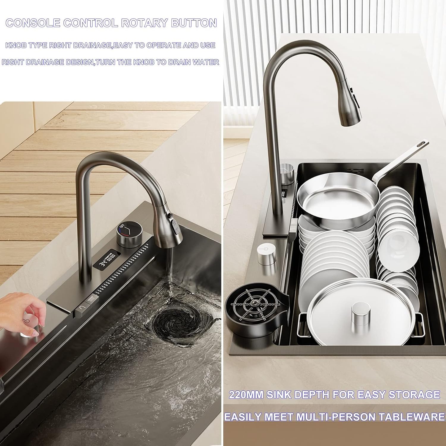 Stainless Steel Kitchen Sink Digital Display Single Bowl Bar Sink Multi-Functional Nano RV Sink with Faucet and Drainage Components (Color : Black, Size : 75x46x22cm) (Black 80x46x22cm)