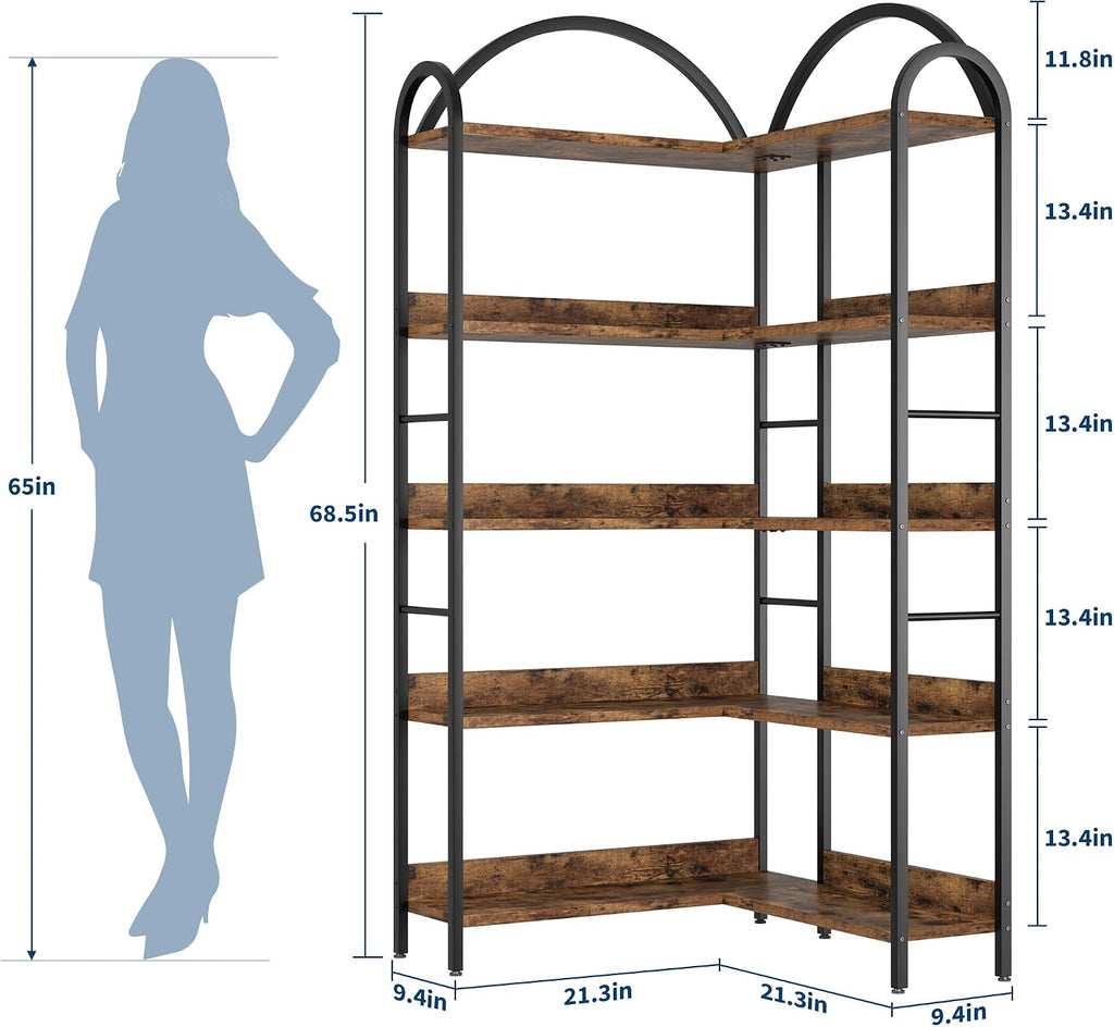 GarveeHome Arched Bookshelf Corner Bookcase, L Shaped Bookshelf Industrial Corner Bookshelves, Large Bookcase with Metal Frame, Corner Shelf Arch Display Rack for Living Room Bedroom