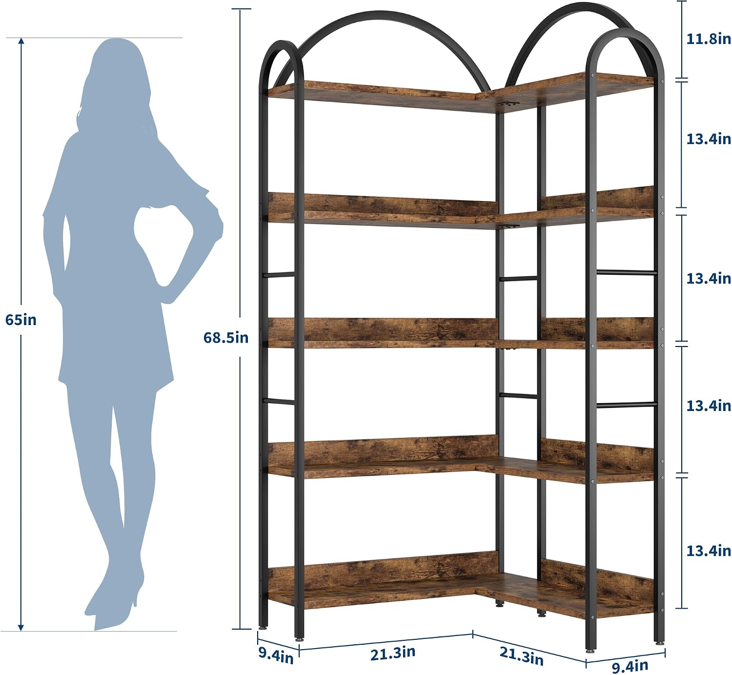 GarveeHome Arched Bookshelf Corner Bookcase, L Shaped Bookshelf Industrial Corner Bookshelves, Large Bookcase with Metal Frame, Corner Shelf Arch Display Rack for Living Room Bedroom
