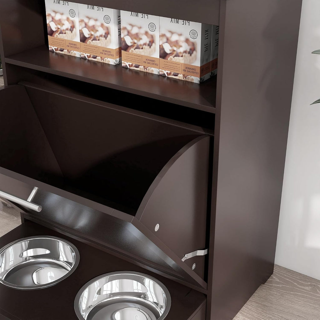 PawHut Dog Feeding Station with Raised Bowls, Dog Food Storage Cabinet with Hanger for Feeding & Watering Supplies, Pet Feeder Station, Brown