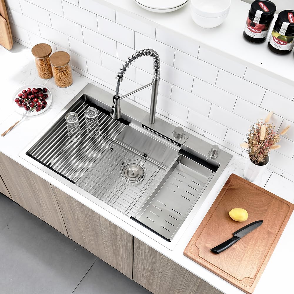 33 Inch Drop In Waterfall Kitchen Sink, 33x22 Drop in Kitchen Sink with Faucet Workstation Kitchen Sink 16 Gauge Stainless Steel Single Bowl Multifunctional Modern Kitchen Sink