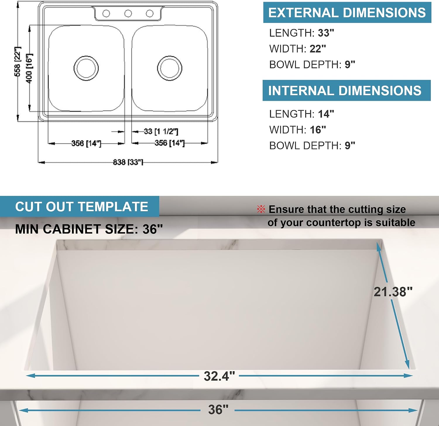 33x22 Drop In Double Bowl Kitchen Sink, 33 Inch Topmount 18 Gauge 304 Stainless Steel 50/50 Commercial Grade Kitchen Sinks, Three Holes with Strainer, 33' x 22' x 9'