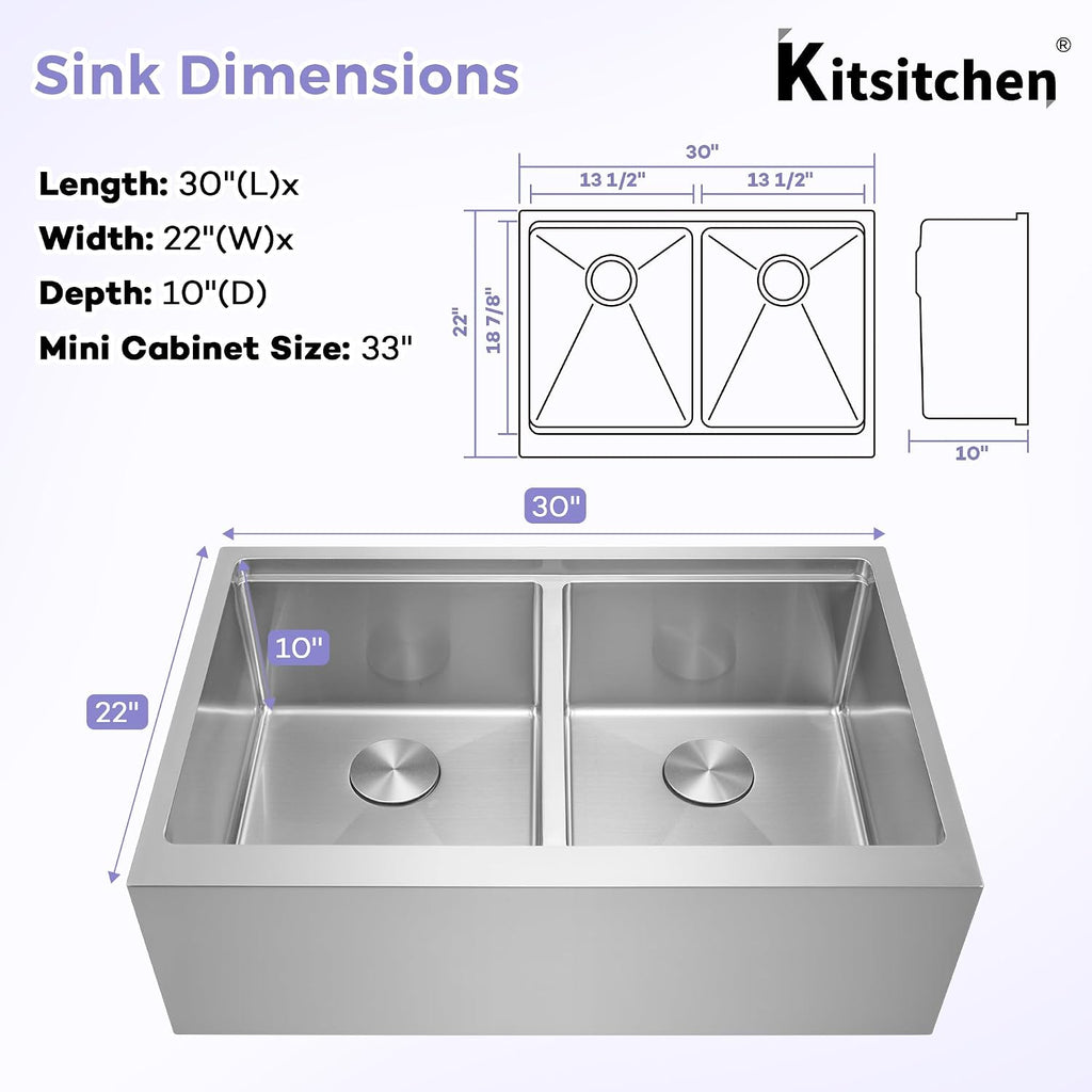 Kitsitchen Double Bowl Farmhouse Kitchen Sink, 16 Gauge 304S Stainless Steel Farm Sinks, 30' x 22' x 10' Large and Deep Workstation Sinks with Accessories,50/50 Double Bowl Feature