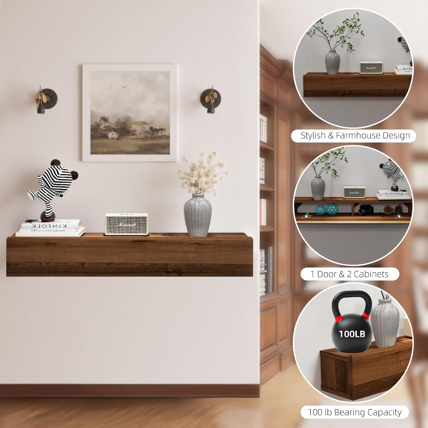 Floating Solid Wood Console Table, 47'' Wall Mounted Narrow Entryway Table with Storage Shelf, Modern Couch Shelves Small Entry Way Tables for Entryway, Front Hall, Hallway (Walnut, 47.24IN)