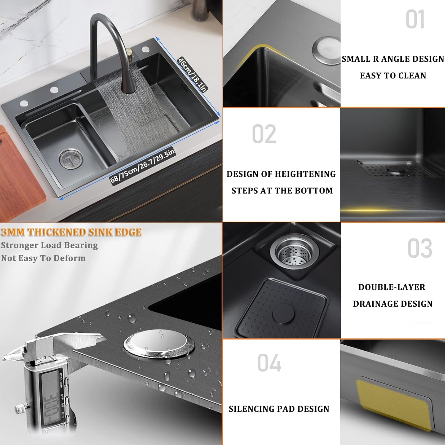 304 Stainless Steel Single-Bowl Kitchen Sink Black Nano Waterfall Bar Sink Multi-Function Household Rv Sink with Faucet and Drainage Components Top Mount Or(Black-68x46x23.5cm
