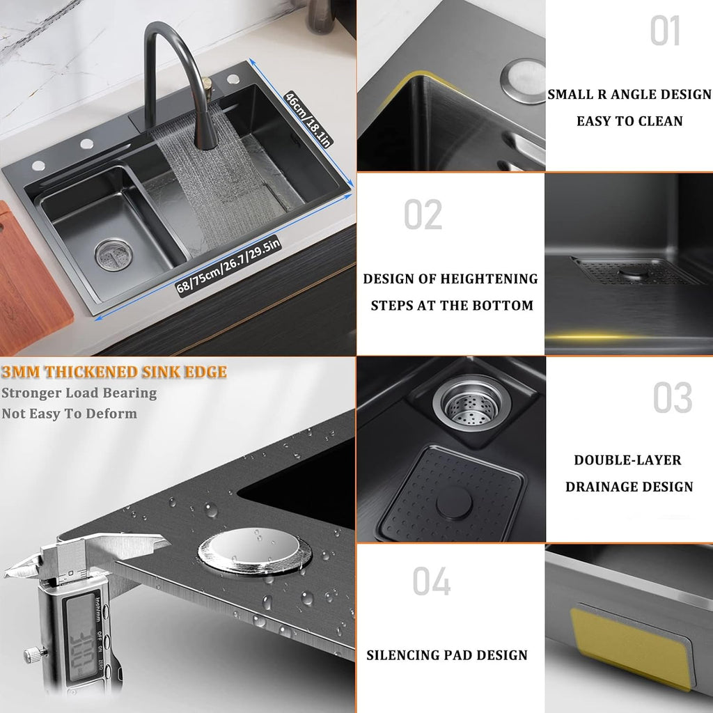 304 Stainless Steel Single-Bowl Kitchen Sink Black Waterfall Bar Sink Multi-Function Household Rv Sink with Faucet and Drainage Cponents Top Mount Or Under Mount (Color : Black, Size :