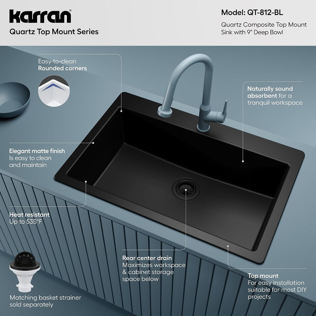 Karran 33' Drop-In Top Mount Quartz Composite Single Bowl Kitchen Sink in Black – Extra Deep 9' Basin, Heat Resistant, Sound Dampening, Easy Clean Surface