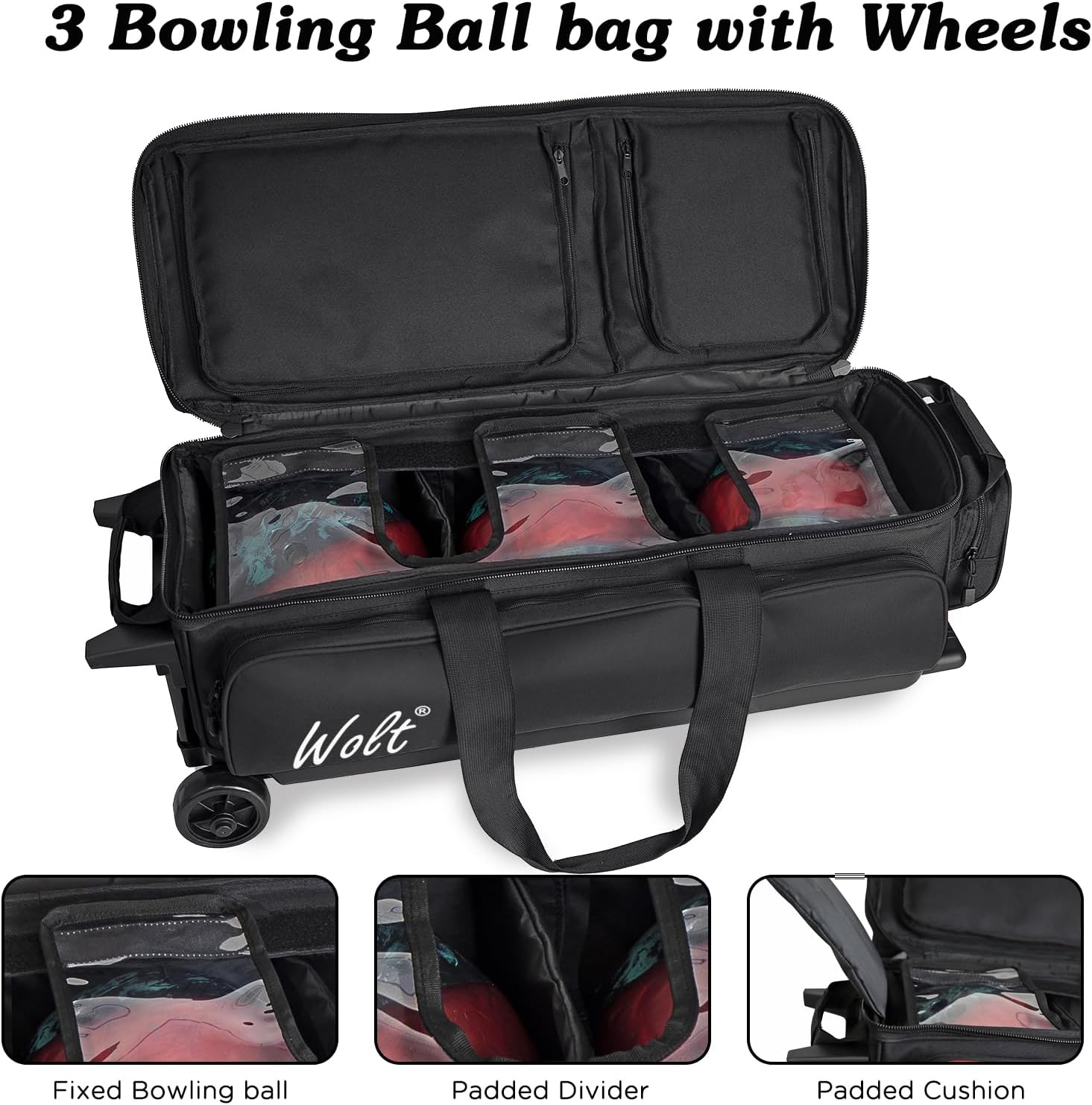 WOLT 3 Ball Bowling Bags with Wheels,Bowling Ball Bag 3 Ball Roller with Separate Shoe Compartment and Accessory Pocket, Retractable Handle Extends to 38''