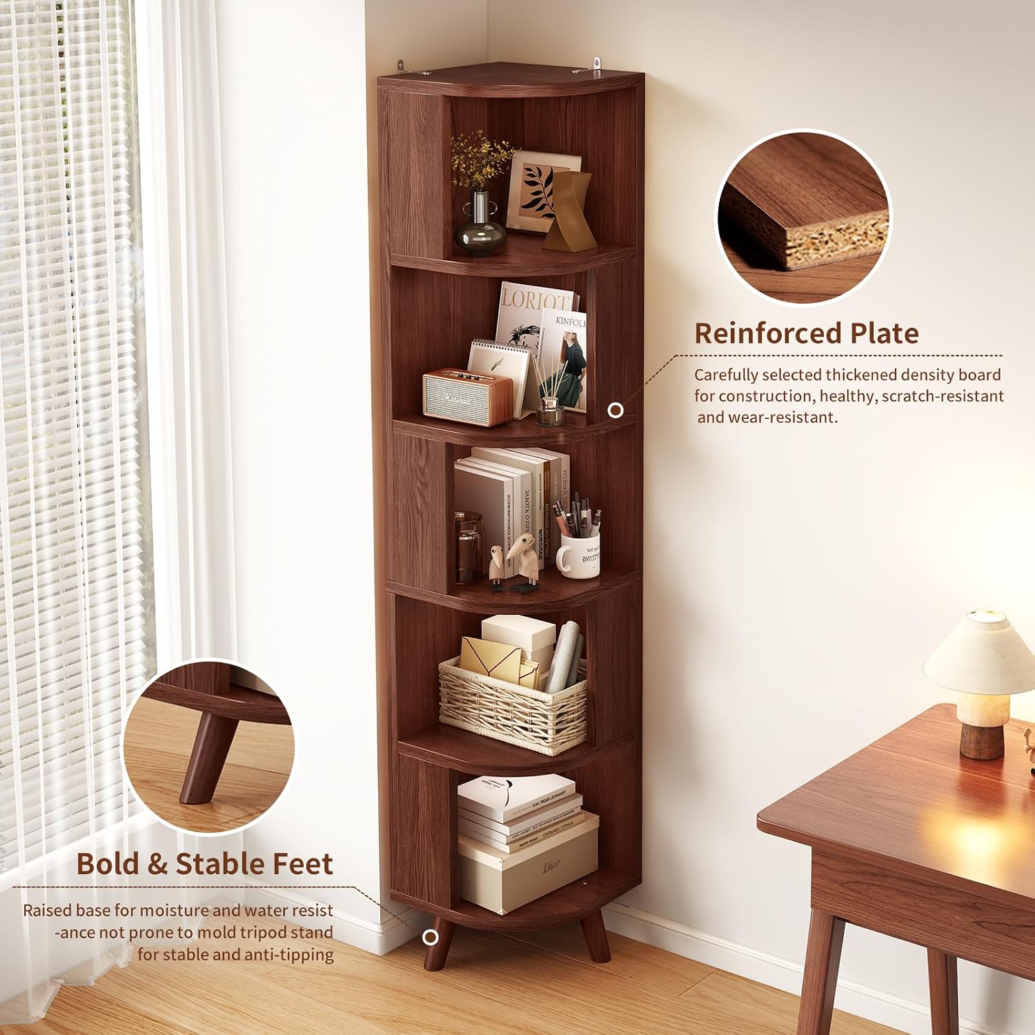 5-Tier Corner Shelf, Tall Modern Corner Bookshelf, 5 Shelf Corner Bookcase with Baffle, Freestanding Wood Corner Display Storage Shelf Organizer for Living Room, Office (Walnut)
