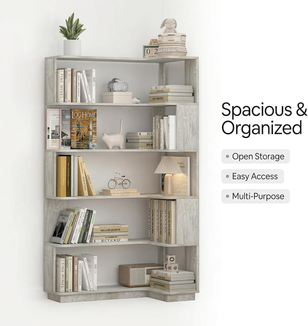 5 Tier Corner Bookshelf, Freestanding L-Shaped Wooden Bookcase with Open Shelves, Anti-Fall Panels and Anti-Tipping Device for Living Room, Home Office (Light Gray with Left Extension)