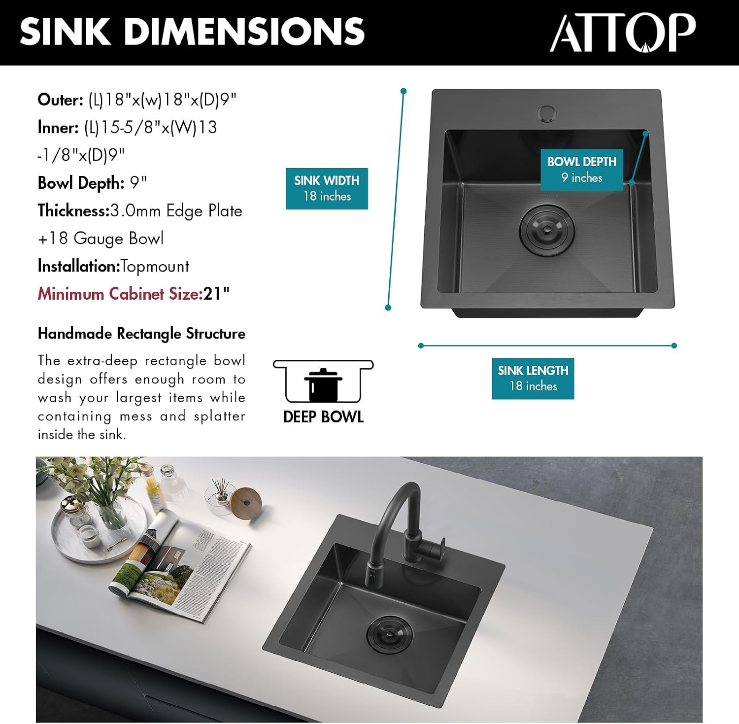 ATTOP 18 Inch Black Drop in Bar sink,18x18 Inch Nano Black Stainless Steel Handmade Small Single Bowl Sink Drop In Kitchen Bar sink