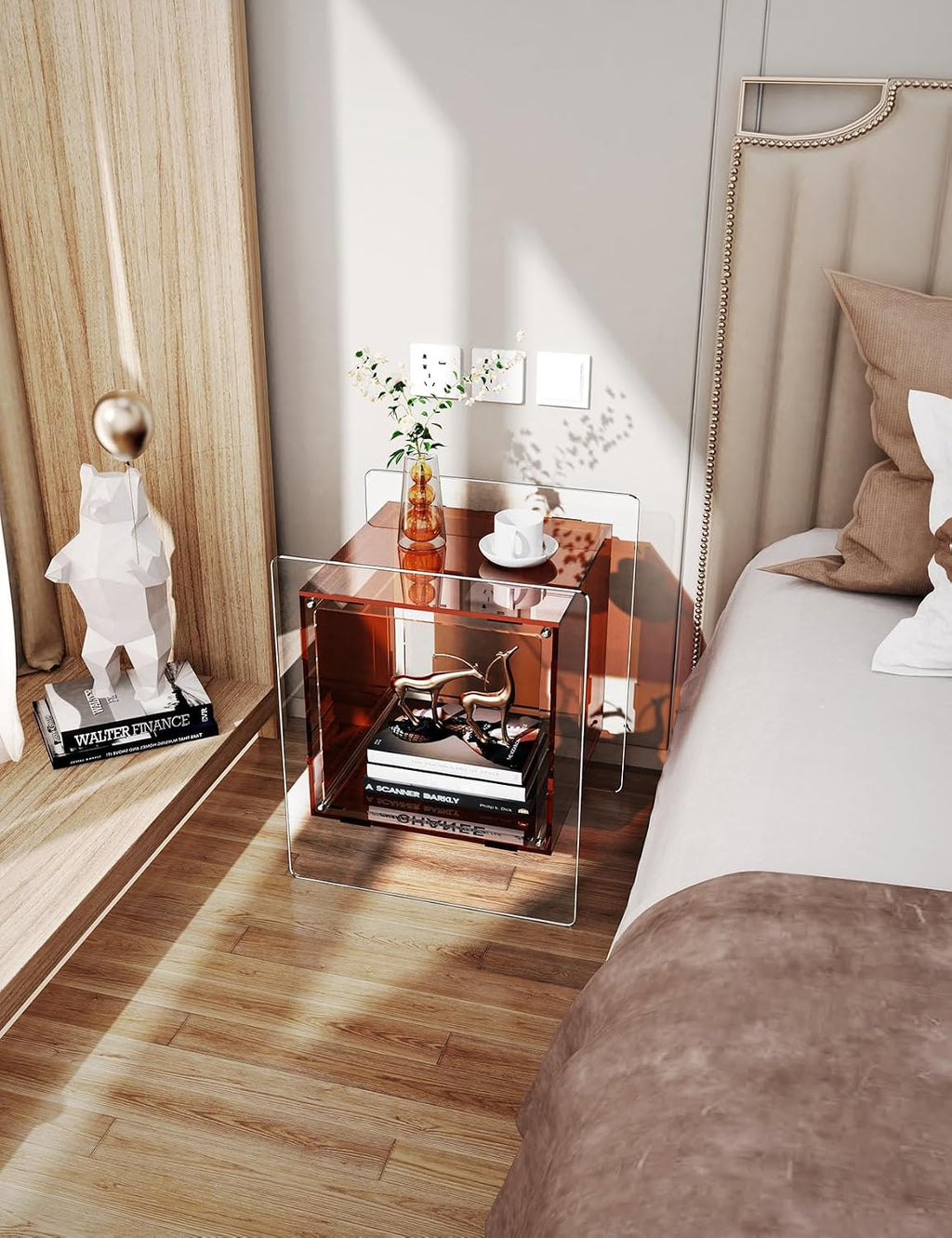 Acrylic Nightstand Colorful Bedside Table with Open Storage Shelf,Clear Side Table for Living Room (1, Dark Brown)