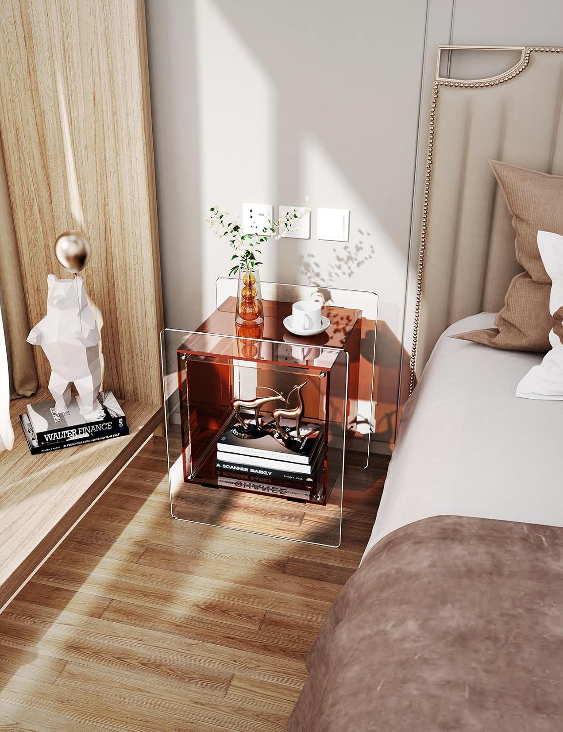 Acrylic Nightstand Colorful Bedside Table with Open Storage Shelf,Clear Side Table for Living Room (1, Dark Brown)