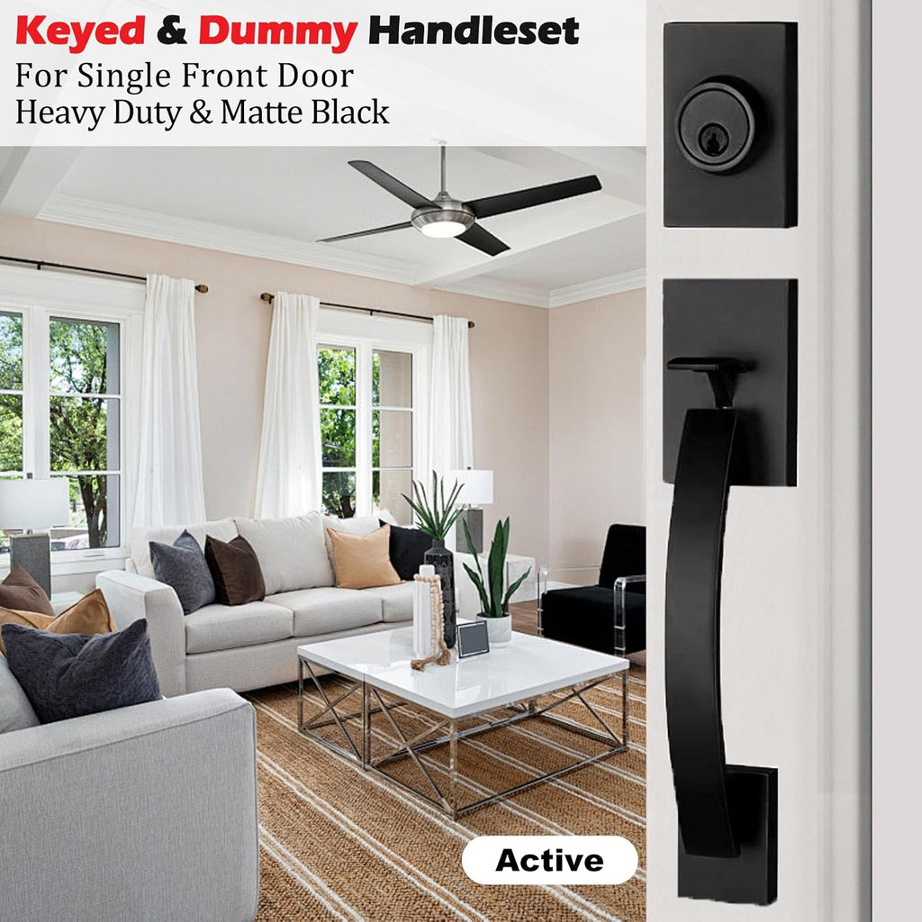 NEWBANG 2 Pack to be Keyed Alike Modern Entry Handlesets for Front Doors with Same Culinders and Same Keys in Matte Black(1 PC Keyed and 1 PC Keyed & Dummy),MDHST2017DB-AMZ-SET