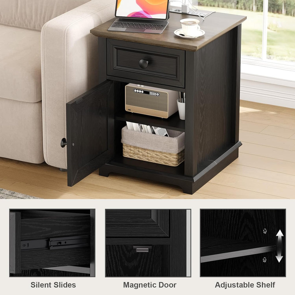 REDAYFUR End Table with Charging Station, Fast Charge, End Table with Drawer, Big Storage Side Table for Living Room/Bedroom, Black