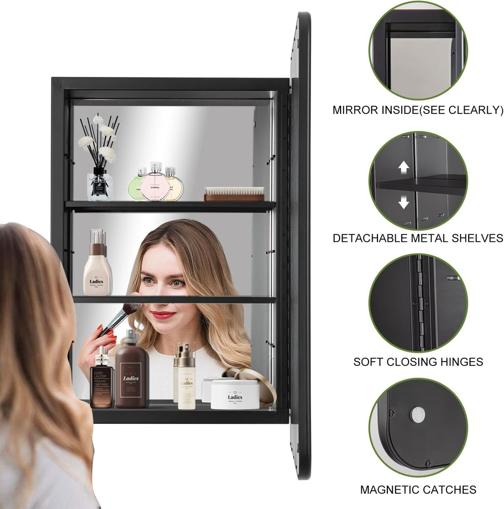 16 x 24 Black Bathroom Medicine Cabinet with Mirror Metal Frame Recessed Or Wall Mounted Single Door Storage Medicine Cabinets with Adjustable Shelves Rounded Corner Beveled Mirrors