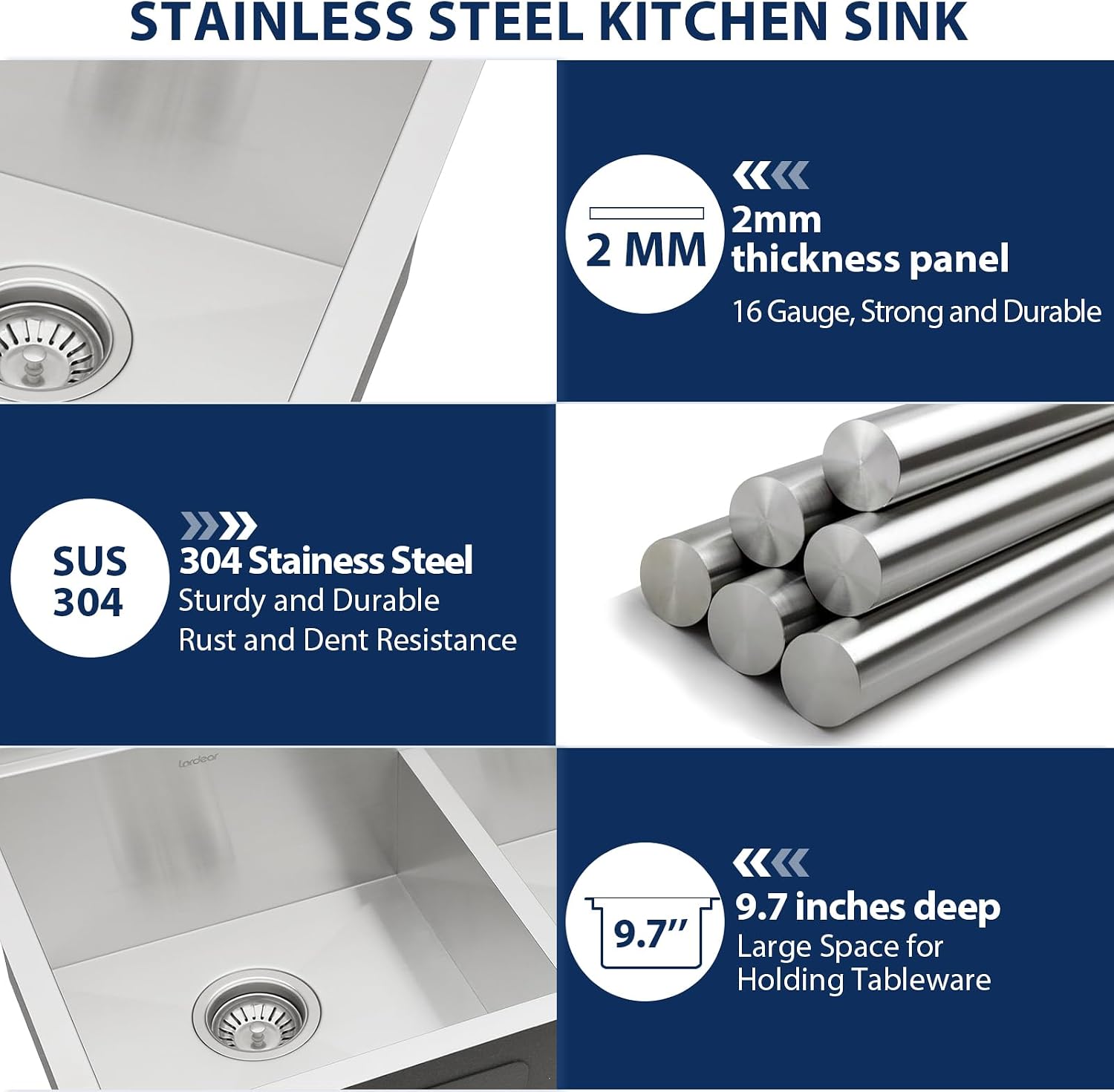 Lordear 30 Inch Kitchen Sink Double Bowl Workstation Kitchen Sinks Low Divide Double Bowl 60/40 16 Gauge Stainless Steel Under Counter Sink Basin 30x19x10 Inch