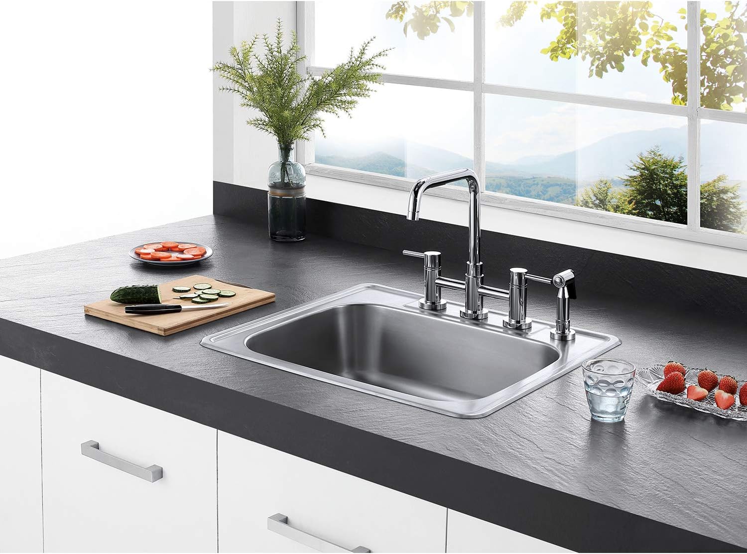Kingston Brass Gourmetier GKTS25228 Studio Self Rimming Single Bowl Sink, 25-Inch L × 22-Inch W × 8-Inch H, Brushed Stainless Steel