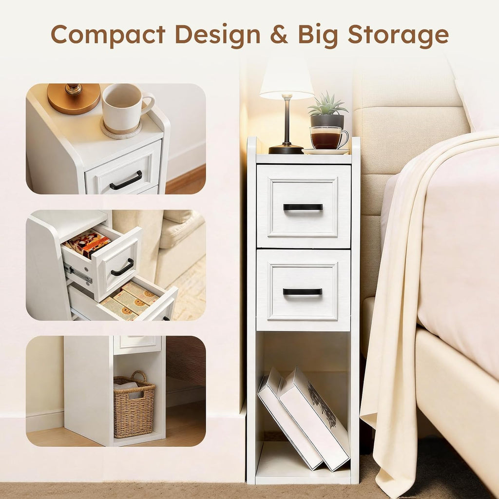 Narrow Nightstand Set of 2, Modern White Bedside Table with Drawers & Open Shelf, Modern End Table for Bedroom Small Spaces, Apartments, Renters