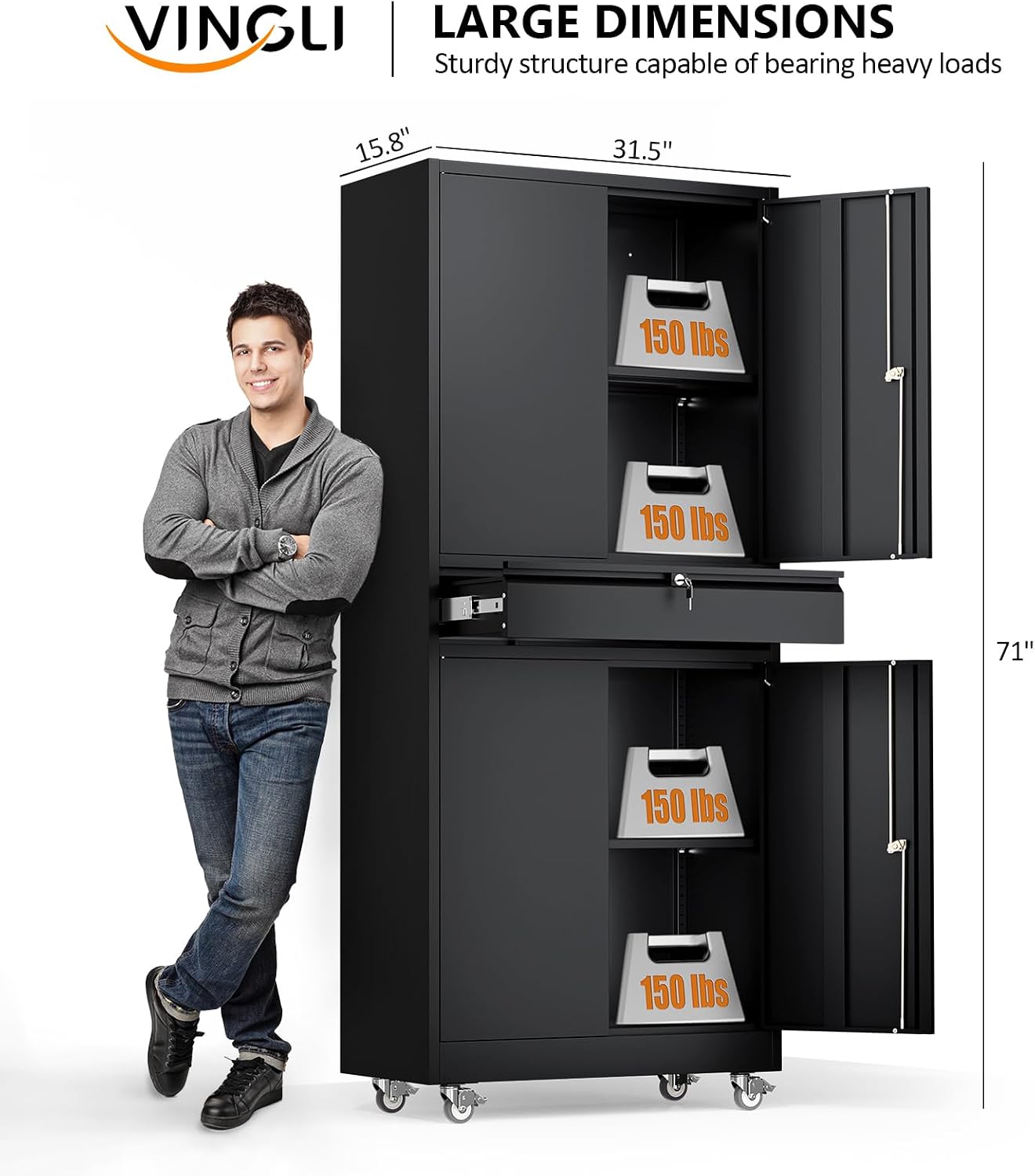 VINGLI 4 Doors & 1 Drawer Metal Storage Cabinet with Locking Wheels & Adjustable Shelves, Lockable Tool Storage Cabinet, Heavy-Duty Garage Storage Cabinet for Home, Garage, Workshop, Office (Black)
