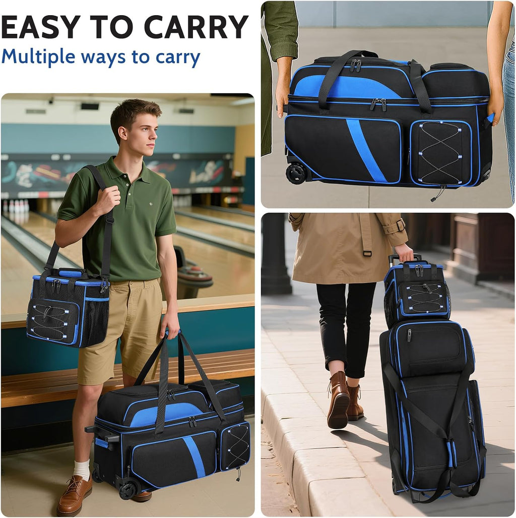 4 Ball Bowling Bag with Wheels, 3 Ball Bowling Bags Roller with 1 Ball Add On Bag, Multi-Pockets & Shoe Compartment (Fits Up to Size 16)